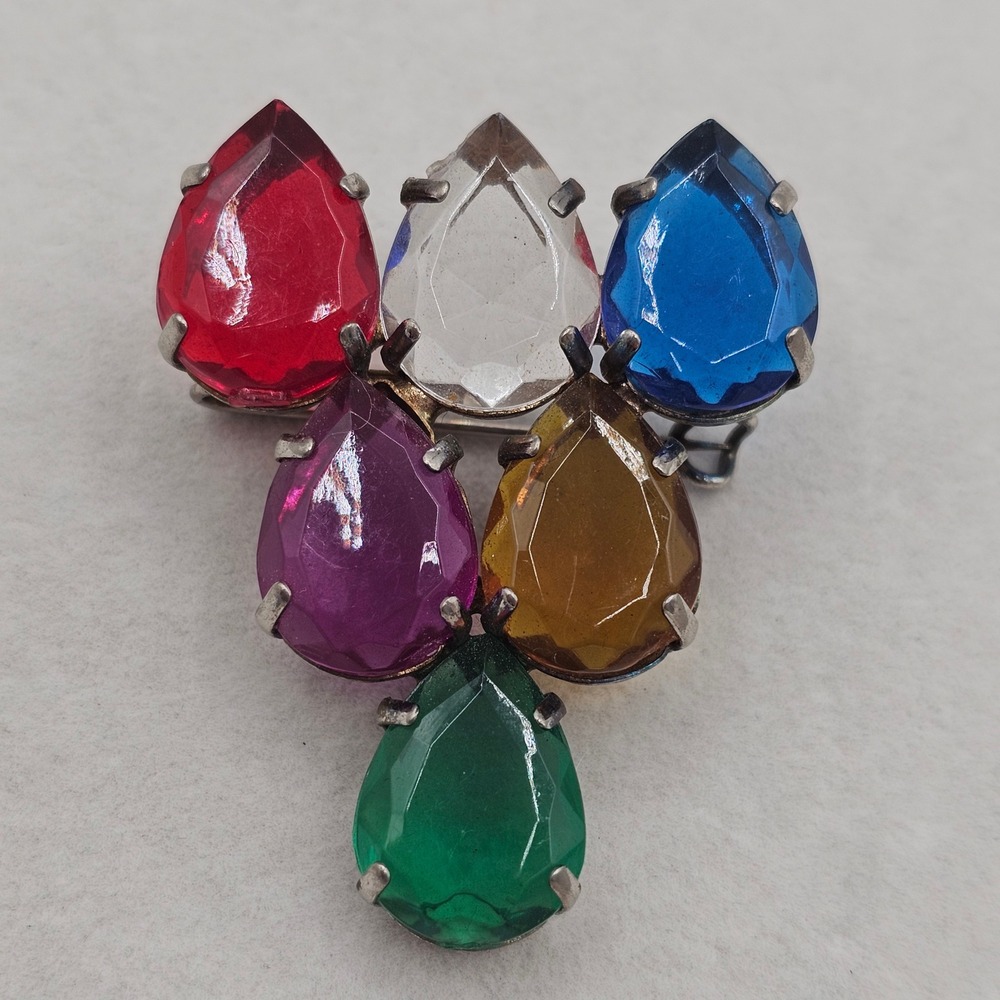 Vintage Rhinestone Brooch Colorful Silver Tone Jewel Tones 2" Pin